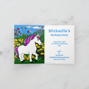 Invitación Unicornio de cumpleaños blanco púrpura suntuoso