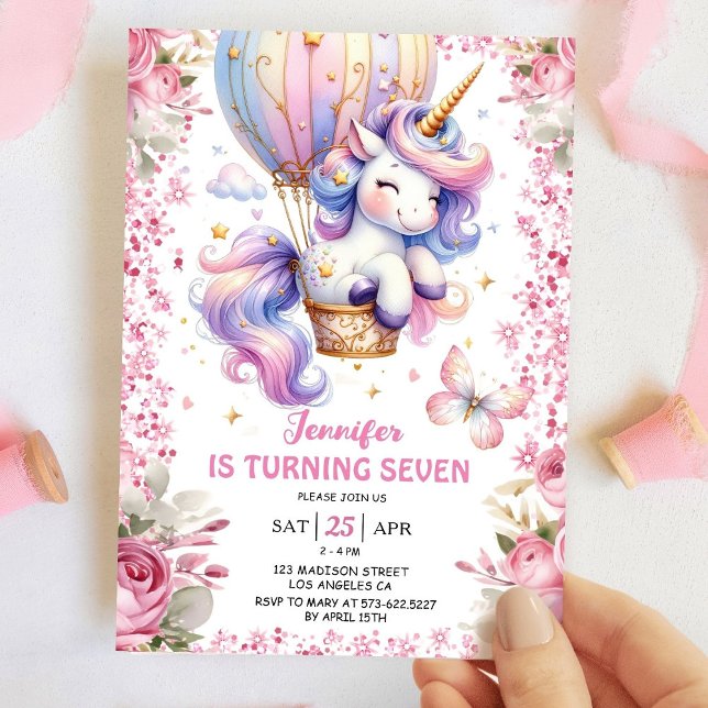 Invitación Unicornio de hadas 7 años, niña rosa de unicornio (Subido por el creador)