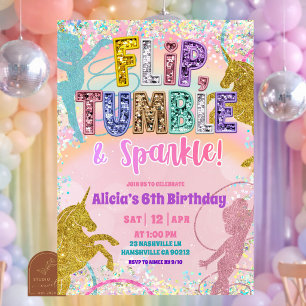 Invitación Unicornio de lentejuelas de arcoíris pastel y niña