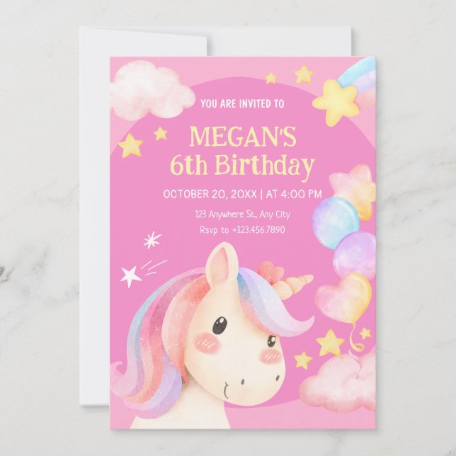 Invitación Unicornio de pastel al agua  (Anverso)