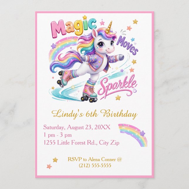 Invitación Unicornio de Patines de Rodillos Arcoíris Cumpleañ (Anverso)