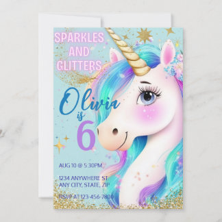 Invitación Unicornio De Purpurina Arcoiris Para Ch