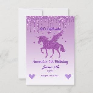 Invitación Unicornio de purpurina chorreante morado