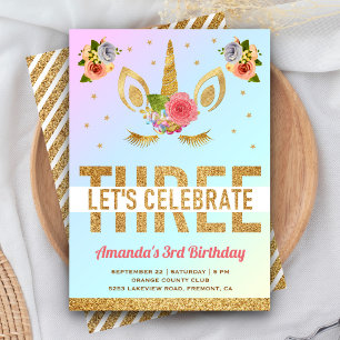 Invitación Unicornio de purpurina dorada mágica Cumpleaños 3