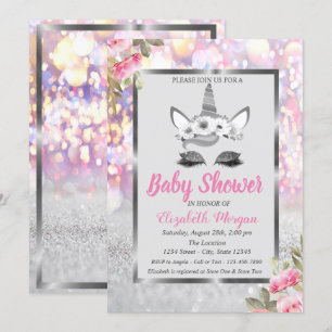 Invitación Unicornio de purpurina plateada, Shower floral boh