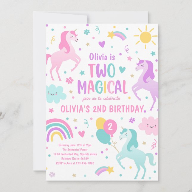 Invitación Unicornio Dos Magicos Pastel Arcoiris Segundo Cump (Anverso)