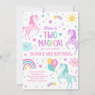 Invitación Unicornio Dos Magicos Pastel Arcoiris Segundo Cump
