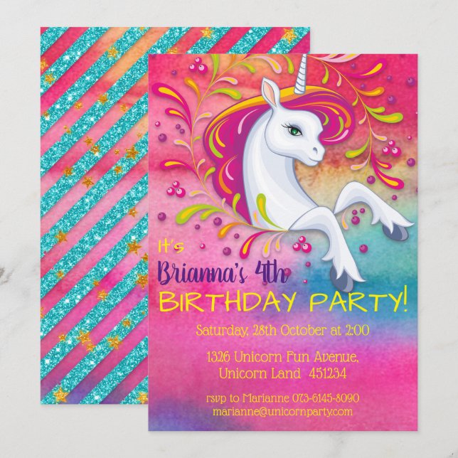 Invitación Unicornio en el cumpleaños de la nube arcoiris (Anverso / Reverso)