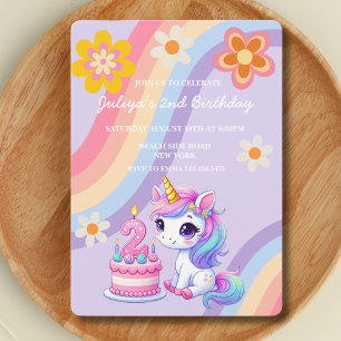 Invitación Unicornio en un arco iris retro segundo cumpleaños