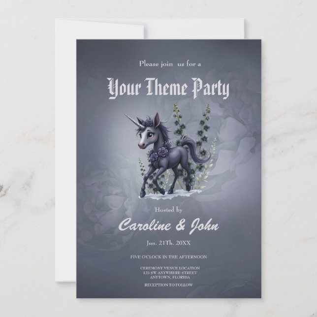 Invitación Unicornio estilizado en esplendor floral. (Anverso)
