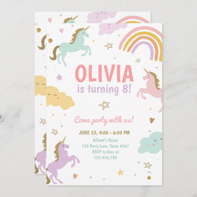 Invitación Unicornio Fiesta arcoiris mágico Unicornio cumplea (Anverso / Reverso)