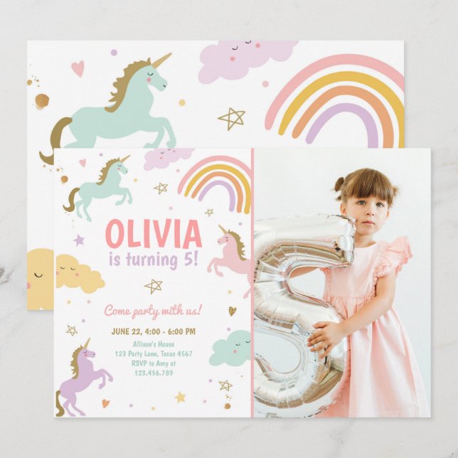 Invitación Unicornio Fiesta arcoiris mágico Unicornio cumplea (Anverso / Reverso)