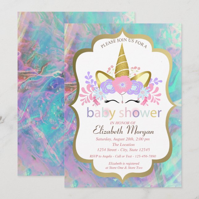 Invitación Unicornio, Floral, Opal Baby Shower (Anverso / Reverso)