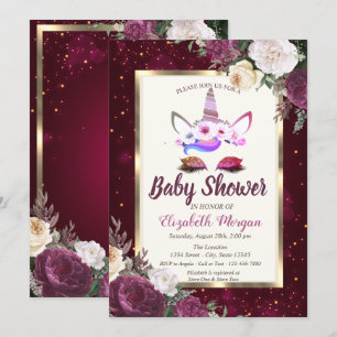 Invitación Unicornio Glitter Chic, Baby Shower Floral Burgund