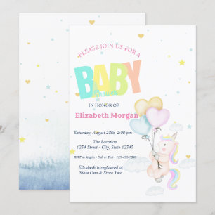 Invitación Unicornio, globos, Baby Shower de estrellas