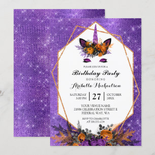 Invitación Unicornio Halloween Floral Purple Sparkle Cumpleañ