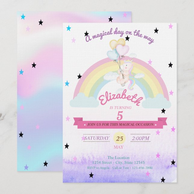 Invitación Unicornio holográfico, globos arcoiris Cumpleaños (Anverso / Reverso)