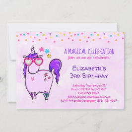 Invitación Unicornio lindo en gafas cardiacas Cumpleaños