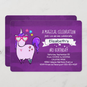 Invitación Unicornio lindo en gafas cardiacas Cumpleaños