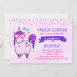 Invitación Unicornio lindo en gafas cardiacas Cumpleaños
