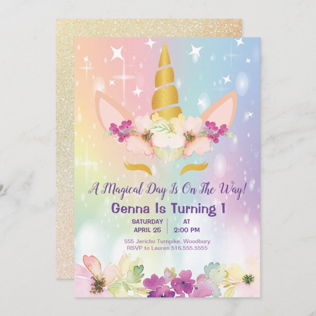 Invitación Unicornio Magical Rainbow Faux Gold Primer cumplea (Anverso / Reverso)
