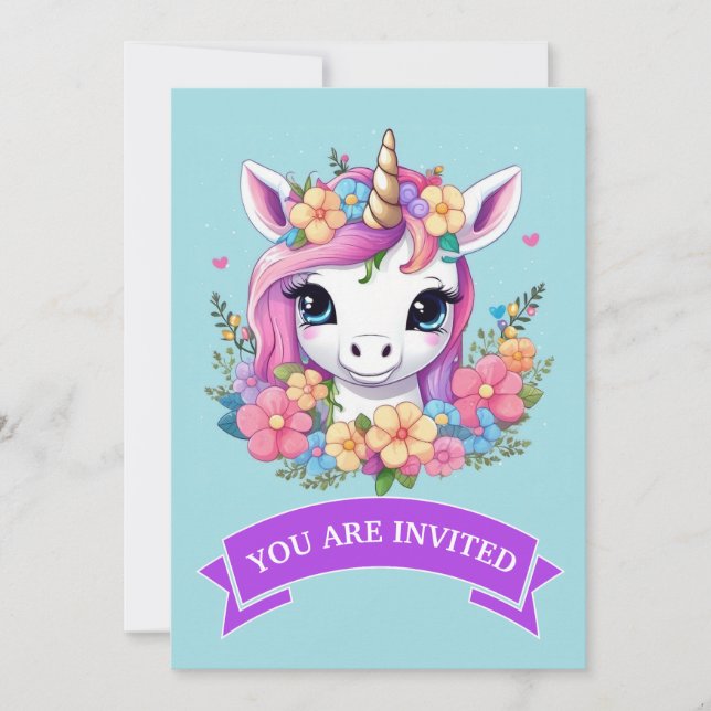 Invitación Unicornio mágico con flores (Anverso)