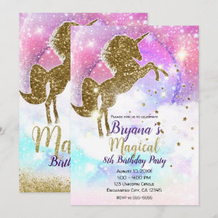 Invitación Unicornio Mágico de Purpurina Dorada Galáctica Cós