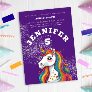 Invitación Unicornio Mágico Purpura Brillo Estrellas Arcoíris