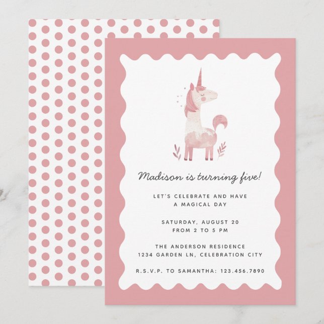 Invitación Unicornio Moderno Magico Marco ondulado rosa Cumpl (Anverso / Reverso)