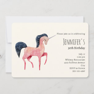 Invitación Unicornio nórdico rosa con crin negra cumpleaños