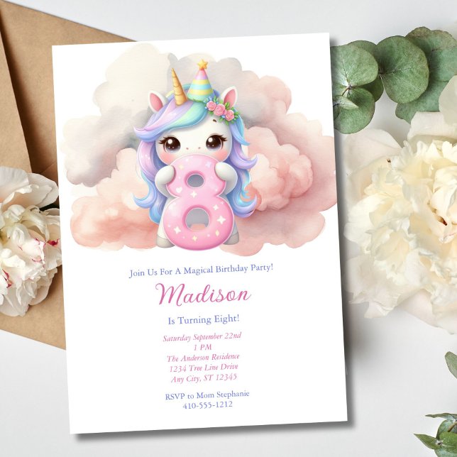 Invitación Unicornio Ocho Aniversario del Chica Púrpura Azul  (Girls Unicorn 8th Eight Birthday Invitation. Printed or Instant Digital Download)