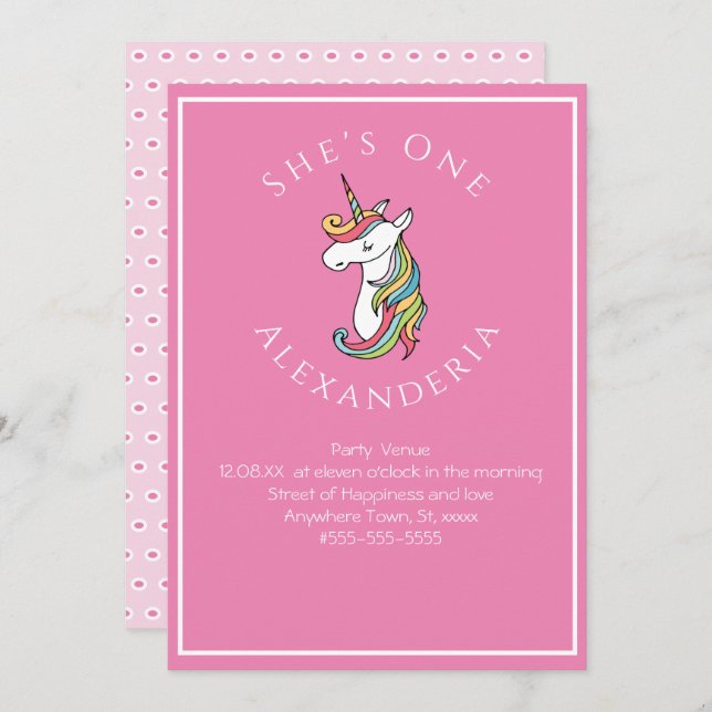 Invitación Unicornio personalizado arcoíris Rosa Gi cumpleaño (Anverso / Reverso)