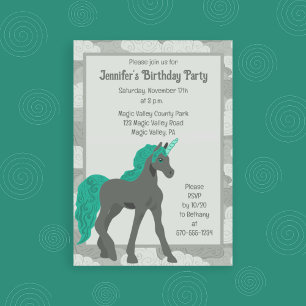 Invitación Unicornio personalizado gris y verde azulado