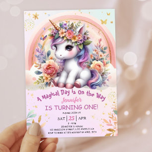 Invitación Unicornio Primer Chica de cumpleaños arcoiris flor