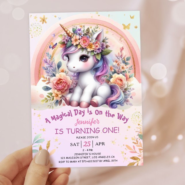 Invitación Unicornio Primer Chica de cumpleaños arcoiris flor (#UnicornBirthdayInvitation #UnicornBirthdayInvitationTemplate #UnicornBirthdayInvitationEditable )