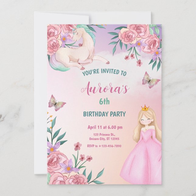 Invitación Unicornio Princesa Cuento de Hadas Mágico (Anverso)