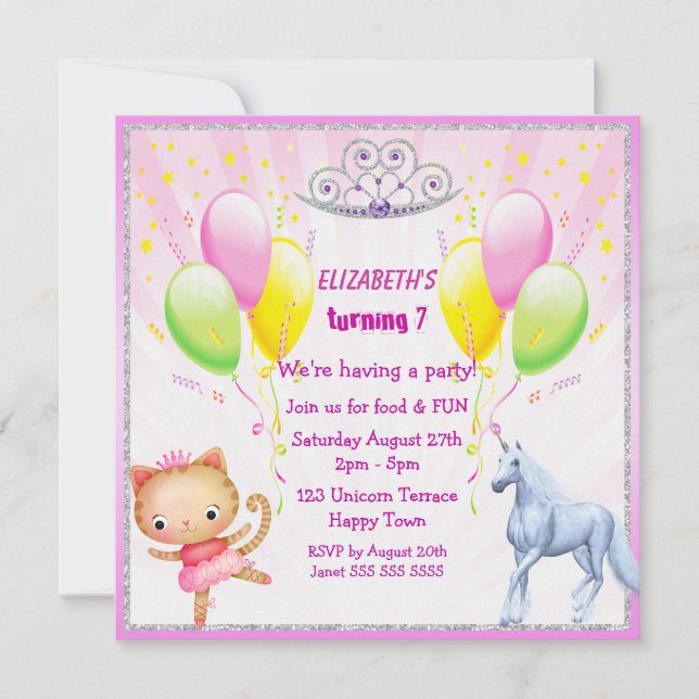 Invitación Unicornio, Princesa Kitty, Tiara y Globos (Anverso)