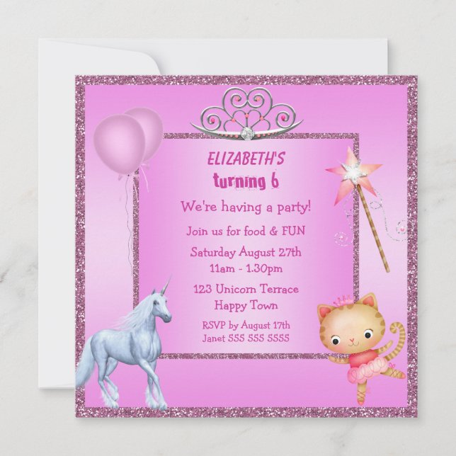 Invitación Unicornio, Princesa Kitty, Tiara y Purpurina invit (Anverso)