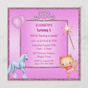 Invitación Unicornio, Princesa Kitty, Tiara y Purpurina invit