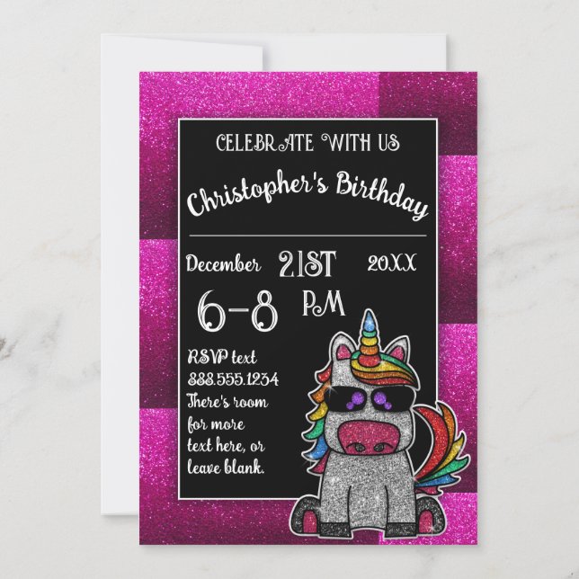 Invitación Unicornio, Purpurina arcoiris del Partido Nacimien (Reverso)