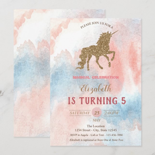 Invitación Unicornio Purpurina de oro, acuarela (Anverso / Reverso)