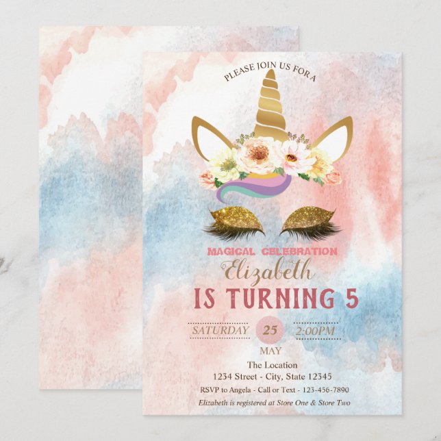 Invitación Unicornio, Purpurina de oro, cumpleaños de Waterco (Anverso / Reverso)