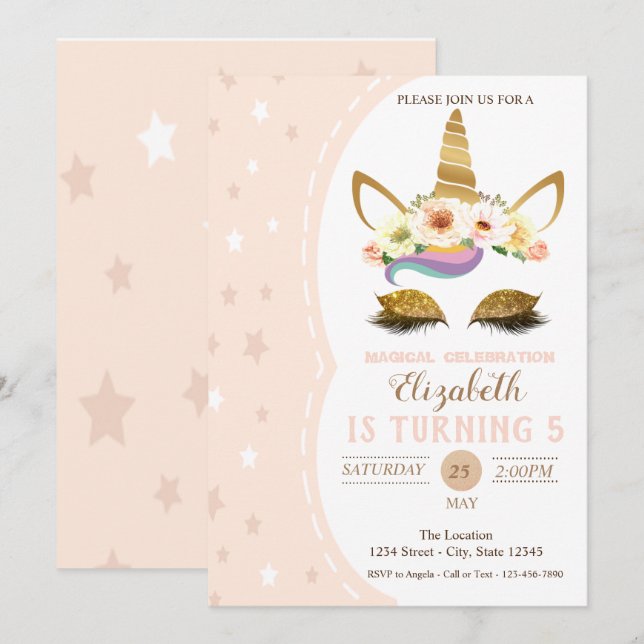 Invitación Unicornio, Purpurina de oro mágico, cumpleaños de  (Anverso / Reverso)