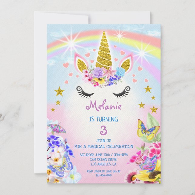 Invitación Unicornio, Purpurina rosa y dorado, cumpleaños del (Anverso)