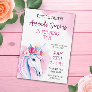 Invitación Unicornio Rosa Caprichoso Rosas Cumpleaños 10 Niña