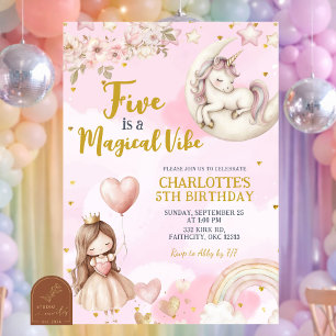 Invitación Unicornio Rosa Cinco Es Un Cumpleaños Mágico Quint