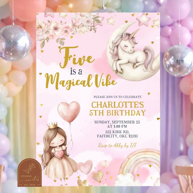 Invitación Unicornio Rosa Cinco Es Un Cumpleaños Mágico Quint (Subido por el creador)