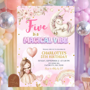 Invitación Unicornio Rosa Cinco Es Un Vibra Mágico Quinto Cum