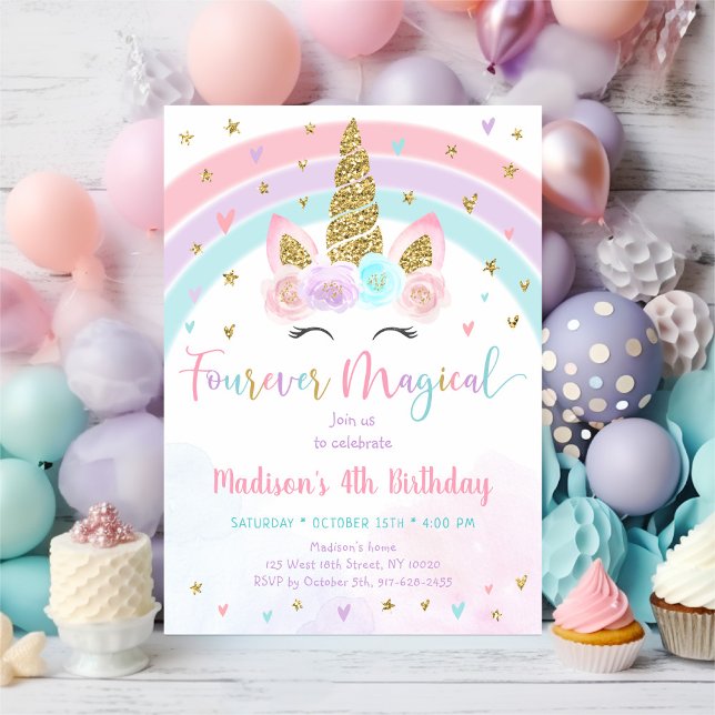 Invitación Unicornio rosa cuatro cumpleaños mágicos de la his (Subido por el creador)