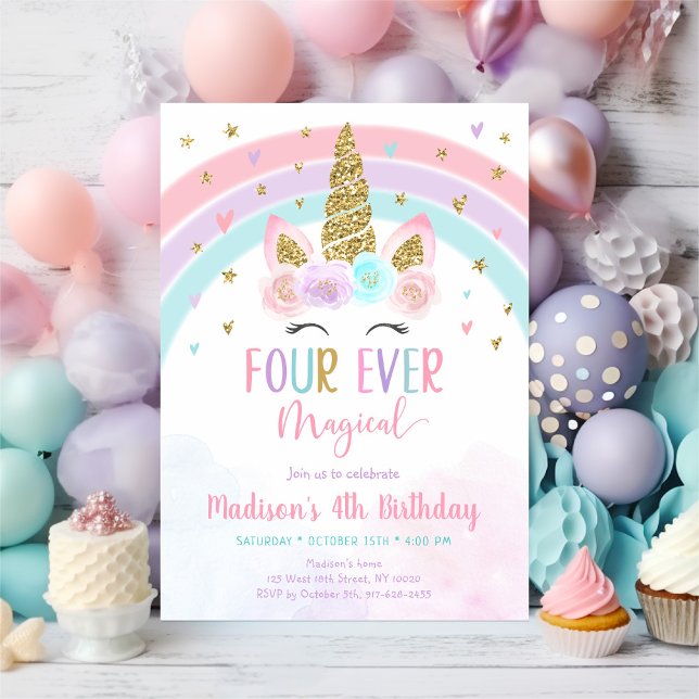 Invitación Unicornio rosa cuatro cumpleaños mágicos de la his (Subido por el creador)